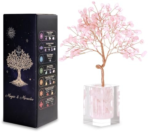 MAGIC AND MIRACLES Rosenquarz Kristallbaum Lebensbaum Edelsteinbaum mit Glasfuß für Liebe & Harmonie Feng Shui Deko Glücksbringer Spirituelles Geschenk für Frauen Mann Zuhause & Büro, 16,5cm