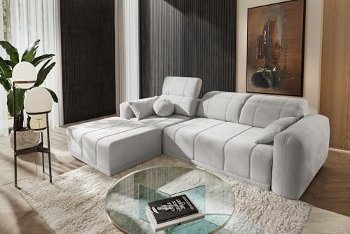 IM SOFA Modernes Ecksofa Ravello I mit Schlaffunktion & Bettkasten, verstellbare Kopfstützen und Rückenlehnen, Wohnzimmer Couch (Hellgrau, Links)