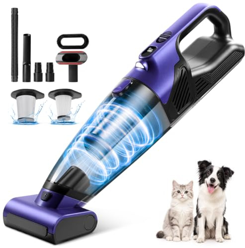 Tierhaar Handstaubsauger Akku 28000Pa mit Rotierende Bürstenrolle&LED Licht | Stark Autostaubsauger Kabellos mit 10400mAh, 720ml, 2 Saugstufen, HEPA+Metallfilter für Haustiere, Sofa, Teppich, Büro
