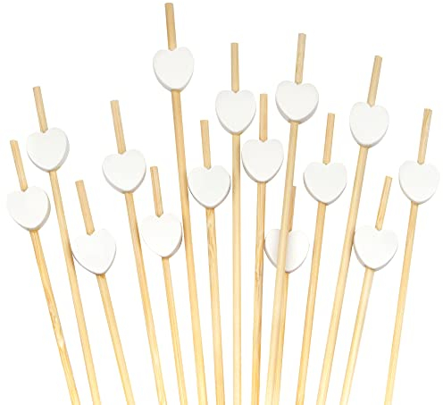 BambooMN Lot de 100 brochettes décoratives en bambou en forme de cœur blanc 18 cm