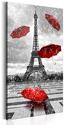 B&D XXL - Wandbilder XXL Paris Eiffelturm 70x140 cm 1 tlg - Wand Deko Vlies Leinwand Bilder Groß Wanddeko Wohnzimmer Schlafzimmer Kunstdrucke - Frankreich Regenschirm schwarz weiß rot