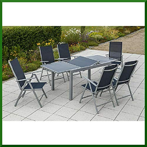 MERXX 7tlg. Amalfi Set, 6 Amalfi Klappsessel, Rückenlehne 5-Fach verstellbar, 1 Ausziehtisch, 140 (200) x 90 cm, Marineblau