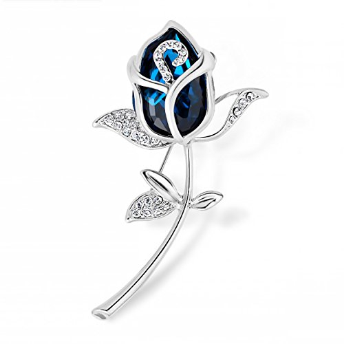 Merdia Broche pour Femme en Forme de Rose avec Cristaux et Pierre Bleue