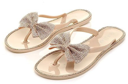 AJVANI flat jelly diamante bow flip flops toe post sandals size 5 38