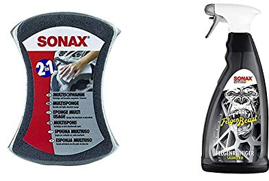 SONAX MultiSchwamm (1 Stück) besonders saugstarker Alleskönner für die Autoreinigung & FelgenBeast (1 l) entfernt selbst biestige Verschmutzungen auf allen Stahl- und Leichtmetallfelgen