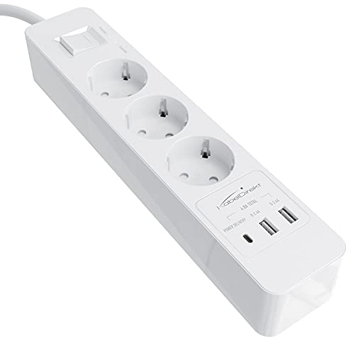 KabelDirekt – Bloc multiprise avec 3 prises (USB, Power Delivery 3.0, charge jusqu’à 3× plus rapide selon l’appareil, protection parafoudre/surtension, testé par TÜV, blanc)