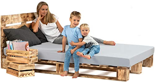 sunnypillow 220x200 cm Palettenbett mit Kopfteil Holzbett Massivholzbett Bett aus Paletten Palettenmöbel Geflammt Vintage europalette 80 90 100 120 140 160 180 200 220 240 x 200cm