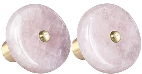 Nupuyai 2pcs Rose Quartz Crystal Drawer Knobs with Screws, Round Healing Stone Decorative Cabinet Pulls Handle for Dresser Home Office