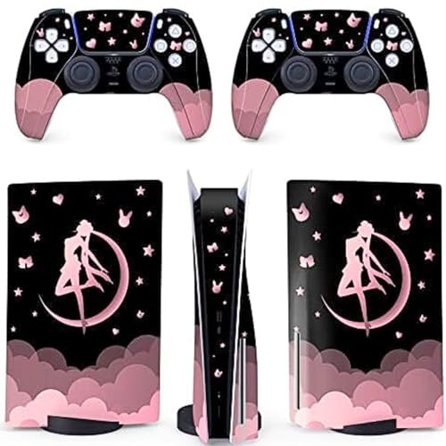 BelugaDesign Mond Skin PS5 | Anime Magical Girl Wolkensterne | Niedliches Kawaii-Vinyl-Cover – kompatibel mit Sony Playstation 5 (PS5 Disc, rosa Black)