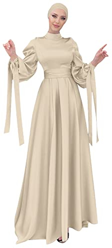 OBEEII Damen Muslim Roben Einfarbig Muslimisches Kleid Mit Kapuze Islamische Gebetskleidung Langarmü Trkische Robe Mit Turban mit Hijab für Ethnische, Braut, Abend, Party, Hochzeitskleid Beige XL