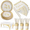 Nkaiso Vajilla de Fiesta,126 Piezas Blanco Puntos Dorados Set de Juego de Platos y Cubiertos, cubertería de cartón, Vasos y servilletas,para cumpleaños,Aniversarios (25 Invitados)