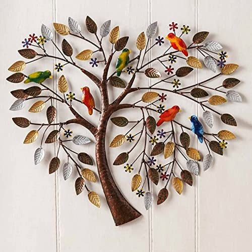 Metal Tree Of Life Wall Art Deco Hand Painted Heart-Shaped Wall Art Sculptures With Colorful Birds For Garden Living Room