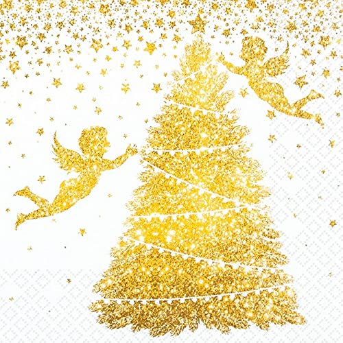 20 kleine Cocktail-Servietten Goldene Engel am Baum | Weihnachten | Winter | Tischdeko | Decoupage | Serviettentechnik 25x25cm