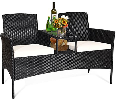 GOPLUS Polyratten Gartenbank mit Tisch, 2-Sitzer Bank mit Bequemen Kissen & Ergonomischer Rücklehne, Wetterfeste & Ausbleichsichere Sitzgruppe für Balkon Garten Hof, 138×61×85cm (Beige)
