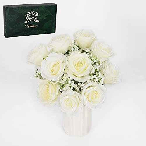Waipfaru Lot de 20 roses blanches artificielles en soie, plantes artificielles, fausses plantes avec longues tiges pour bouquet de mariage, vase, arrangement floral