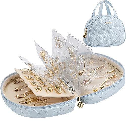 Vlando Schmuck-Reise-Organizer-Koffer, Schmuckaufbewahrung, Buch-Ringbuch mit Schmuckbeutel, durchsichtiges Booklet mit Reißverschluss, Tasche für Halsketten, Ohrringe, Ringe, Armbänder, Blau