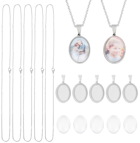 UNICRAFTALE 5 Sets DIY Oval Blank Halskette Herstellung Set Edelstahl Kabelkette Halsketten Blanko Anhänger Cabochon Rohlinge Lünette Anhänger Tabletts Für Halsketten Schmuckherstellung