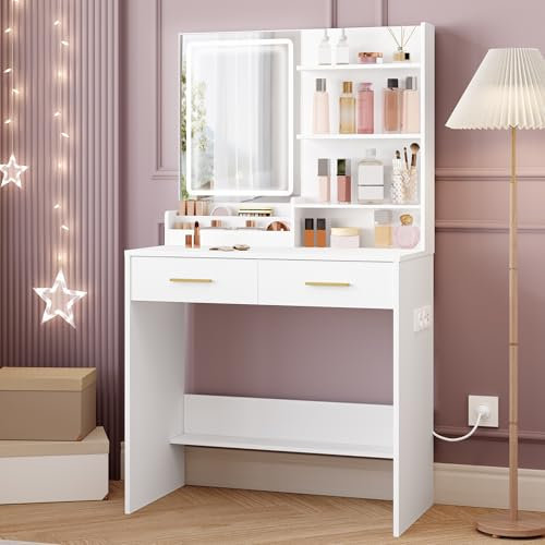 Hzuaneri Toeletta, Tavolo da Trucco con Specchio e Luce LED, 2 Porte AC e 2 porte USB, con 2 cassetti e 4 ripiani aperti, per camera da letto, stanza della polvere, stile moderno, Bianco VT32003X