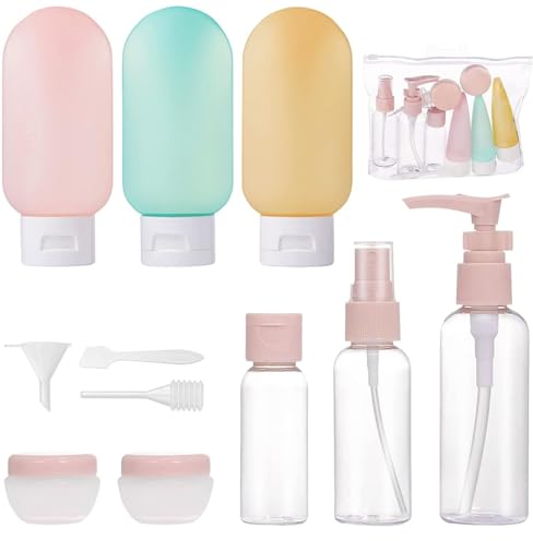 EULEX Set di 11 kit viaggio liquidi, contenitori viaggio aereo 30/50/60/80 ml, Bottigliette di crema, flaconi spray trasparenti, erogatori a pompa per shampoo, accessori da viaggio per cosmetici