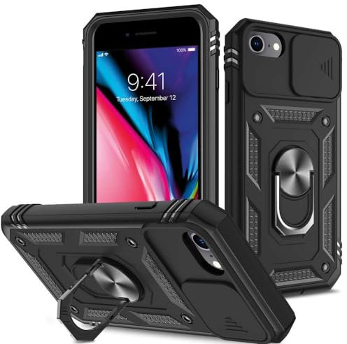 XYZNTMF for iPhone 8 Case iPhone SE 2020 Phone Case SE 2022 Case iPhone 7 Slide Camera Cover Rotatable Kickstand Case Military Grade Shockproof Silicone Bumper Hard PC Anti-Scratch Phone Case, Black