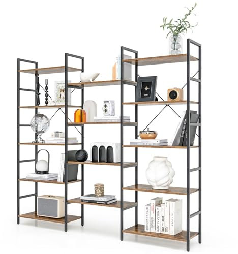 HOMASIS Scaffale Libreria a 5 Livelli, Libreria Verticale con 14 Scomparti, Scaffale Regolabile a Scala, Divisorio da Parete Industriale per Salotto, Portata 450 kg, 176 x 30 x 165 cm, Marrone
