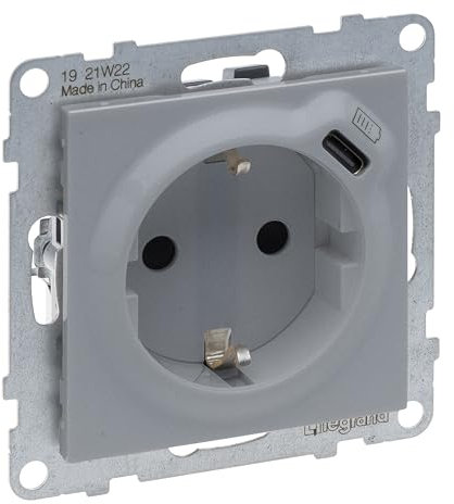 LEGRAND, SEANO 2 in 1 Steckdose, USB Typ C-Kombinationssteckdose, mit erhöhtem Berührungsschutz, Steckklemmen, 16 A, Farbe: Aluminium lackiert, 765226