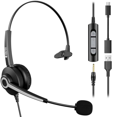 Voistek USB & 3.5mm Mono Headset with Noise Cancelling Microphone for Laptop,Wired Single-Ear Headphones with In-line Controls for Teams Zoom Skype Office PC Laptop Mobile