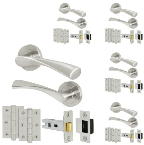 EAI Satin Nickel Door Handles with Latches and Hinges, 5 Pack - Novoli | Complete Latch Kit with 5 Pairs of Door Handles, 64mm Latches, 76mm Hinges, Fixings Included