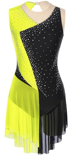 TiaoBug Damen Eiskunstlauf Kleid Ärmellos Eislaufen Rollschuh Kleid Farbblock Glitzer Ballettkleid Tanzkleid Gymnastik Body mit Volants Sport Bekleidung gr. S M L XL XXL Fluoreszierendes Gelb M