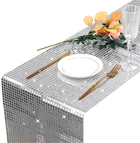 JHXhhthongtong Disco Party Tischläufer, Silber Disco Tischdecke Pailletten Tischläufer Discokugel Tischläufer Geeignet 70er 80er für Disco Party Deko Geburtstag Tanzparty Hochzeit Tischdeko (30x275cm)