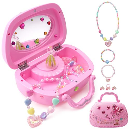 Ulable Spieluhr Schmuckkästchen - Musikalische Schmuckschatulle für Mädchen mit drehender Ballerina, Armband Halskette Ring Ohrringe Set,Rosa Design