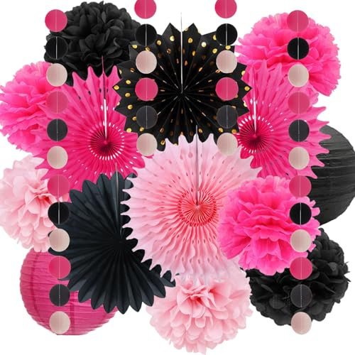 Décorations de fête rose vif et noir pour filles et femmes - Pompons en papier de soie à suspendre - Lanternes en papier à suspendre - Pour mariage, anniversaire, remise de diplôme, enterrement de vie