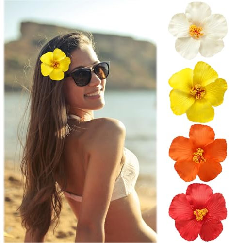 Cosmeria Lot de 4 pinces à cheveux en forme de fleurs hawaïennes, 10 cm, fleurs d'hibiscus, en EVA, pour les événements saisonniers
