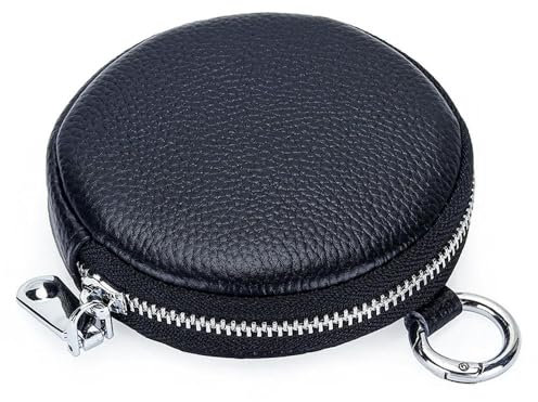 QIUMING Porte-Monnaie Rond en Cuir véritable avec Fermeture éclair et Porte-clés, Organiseur de pièces de Monnaie, Porte-Monnaie, Mini Sac de Rangement en Cuir pour Hommes et Femmes