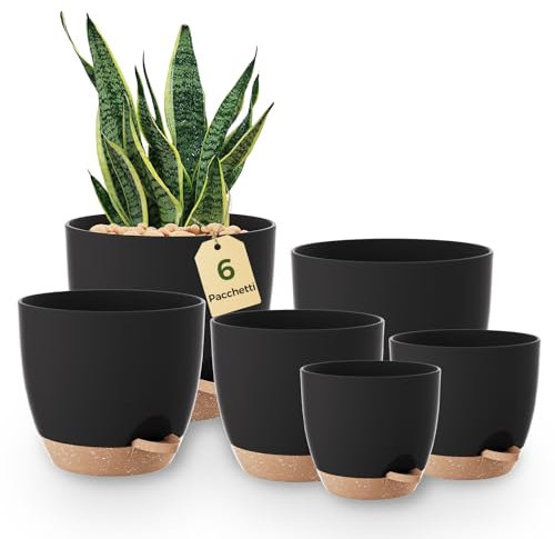 Bamworld Flower Pots Set of 6 Self-Watering Black 12.7 cm/14 cm/15.2 cm/16.5 cm/17.8 cm/20.3 cm Flower Pot Plant Pot with Saucer, Propagation Pots, Indoor Plants, Windowsill Decoration