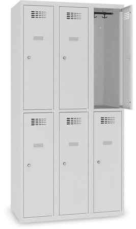 Steinbock Spind 6 Fächer | H180xB90xT50 cm | Lichtgrau | Zylinderschloss mit 2 Schlüsseln | Metallspind inkl. Kleiderstange, Kleiderhaken, Namensschild | Schließfachschrank
