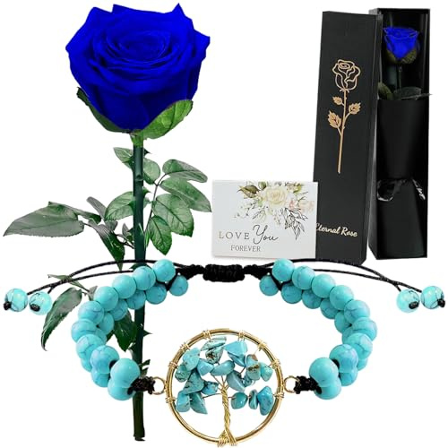Rose Éternelle Bleu avec Tige - Fleur Préservée et Stabilisée,Un Vraie Bouquet de Roses Cadeau Femme pour Saint-Valentin, Fête des Mères,Noël - Idée Cadeau pour Maman,Épouse, Petite Amie