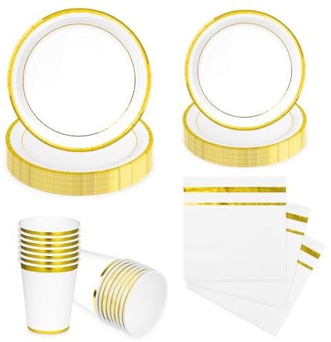 LAWALEISHE 96Pcs Gold Paper Plates, Disposable Party Plates Cups and Napkins, 9 and 7 Strong Picnic Plate, Hot Stamped Party Tableware Set 24 Guests for Birthday Wedding