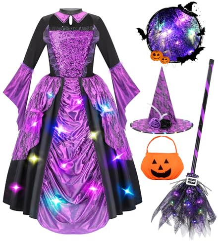 MELAND Witch Costume Kids, Halloween Costumes for Kids With Light Up Witch Hat & Broom for Girls Aged 3 to 10 Years Old(S)