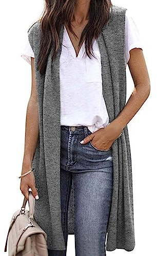 Damen-Westen Lange Strickweste Leicht Ärmellose Weste Damen Elegant Dünn Open Front Strickjacke Ohne Ärmel Strickmantel Sweater Cardigan Longstrickjacke Strickcardigan Einfarbig Mantel