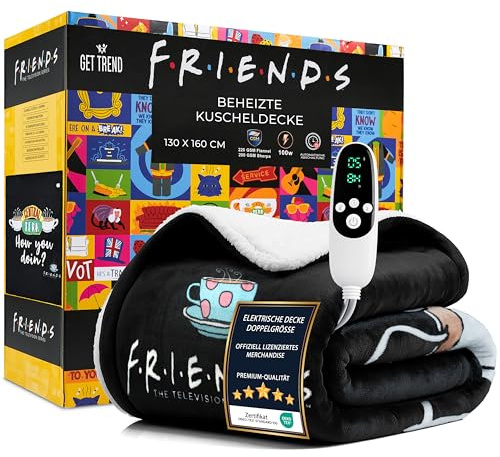 Friends Heizdecke Einzel, Weiche Sherpa Fleecedecke 130x160cm, 9 Heizstufen, 12-Stunden-Abschaltautomatik, Warme Kuscheldecke Geschenk (Schwarz Friends, Werfen EU)