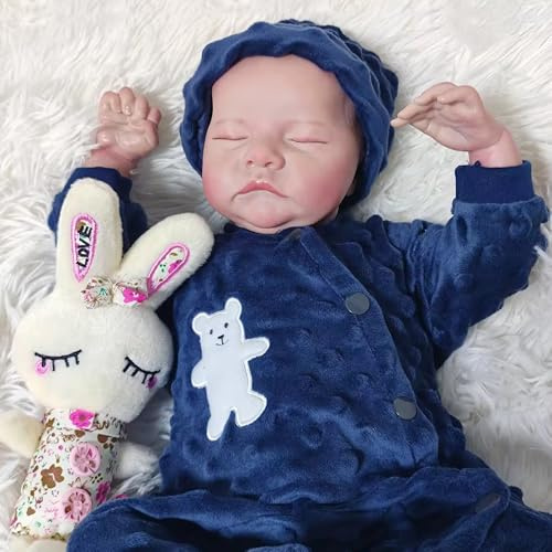 LFdolls 18 Inch Reborn Baby Dolls Handmade Reborn Babies Lifelike Baby Dolls Sleeping Newborn Baby 45 Cm Reborn Puppen Lebensecht Marineblau Mit Plüschhasen Reborn Babypuppe Weiches Silikonvinyl
