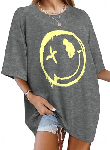 WIEIYM Women's Oversized T-Shirt Smile Graphic Tee Baggy Summer Top | Breathable Cotton Material, Versatile Graphic Design for Casual Wear, S-2XL, Crew Neck Loose Fit