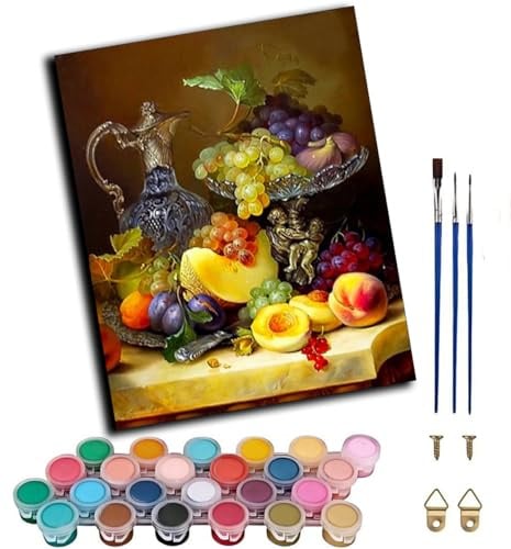 CAOGUANYU Peinture par Numero Adulte,Nature morte avec assiette de fruits Kit de Peinture à l'Huile sur Toile Débutants Acrylique Decoration Maison Cadeau 30x40cm，Avec cadre