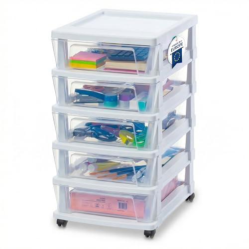 Iris Ohyama, Rollcontainer Kunststoff auf Rollen, 5 Kompakte Schubladen, Weiß, Leichtes Öffnen, Aufbewahrung, für Badezimmerschrank, Zimmer, Organizer, BPA-frei, KMC-350