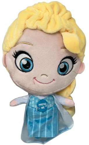 Peluche Elsa Frozen 20 cm con Suono Testone Morbido 100% Poliestere Bambola Disney con Capelli Intrecciati e Vestito Azzurro Idea Regalo Bambini
