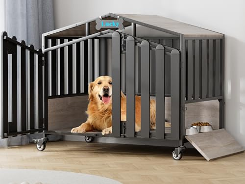 AMLANCHER 105cm XXL Große Hundekäfig Möbel, mit 360° Rollen und Namensschild, Holz Hundebox für Zuhause mit Futterklappe, 2 Türen, Dicke Stahlplatten, Kau-/Ausbruchsicher, 105x65x88cm, Eichengrau