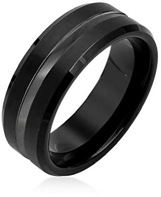 Bling Jewelry Einfacher Schwarz-Grau-Mittelstreifen-Paarring aus Titan für Männer und Frauen, Komfort-Passform, 8MM