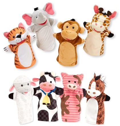 Melissa & Doug Animal Hand Puppets (Set of 2, 4 Animals in Each) - Zoo Friends and Farm Friends