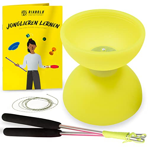 Diabolo-Set mit Comet Diabolo (neon-gelb) & Handsticks aus Aluminium, Henrys Ersatzschnur, Anleitung - Einsteiger-Set & Geschenk für Kinder